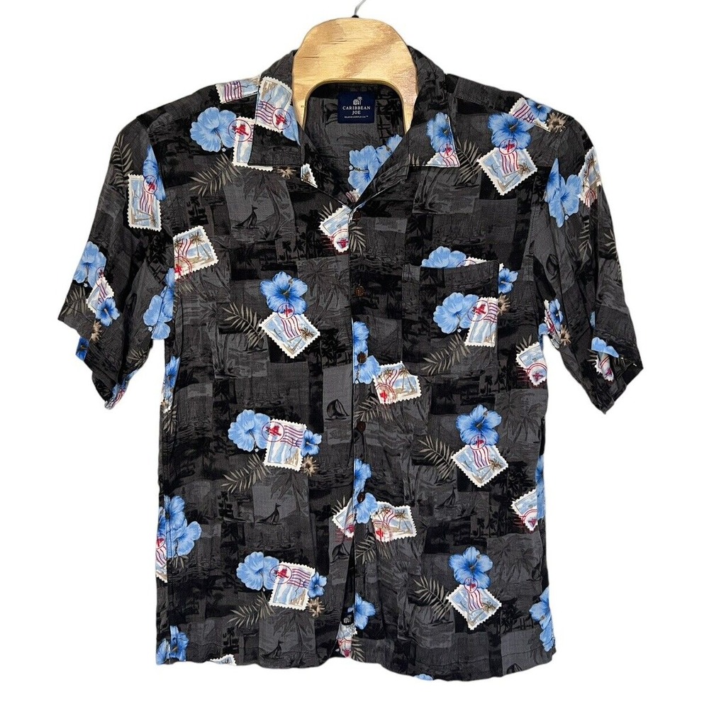 Caribbean Joe Hawaiian Shirt Mens XL Grey Short Sleeve Aloha Rayon 12902